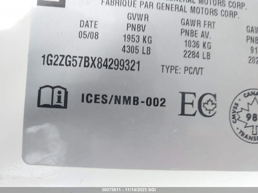 2008 Pontiac G6 Se VIN: 1G2ZG57BX84299321 Lot: 30075611