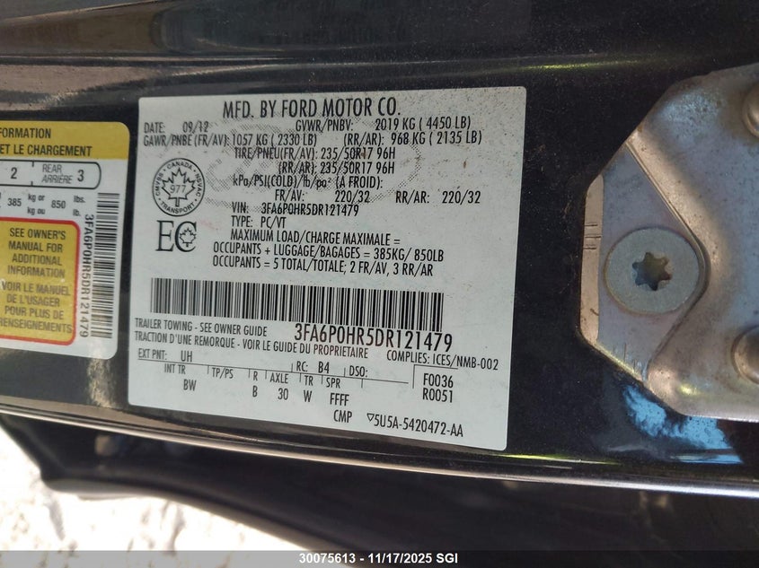 2013 Ford Fusion Se VIN: 3FA6P0HR5DR121479 Lot: 30075613