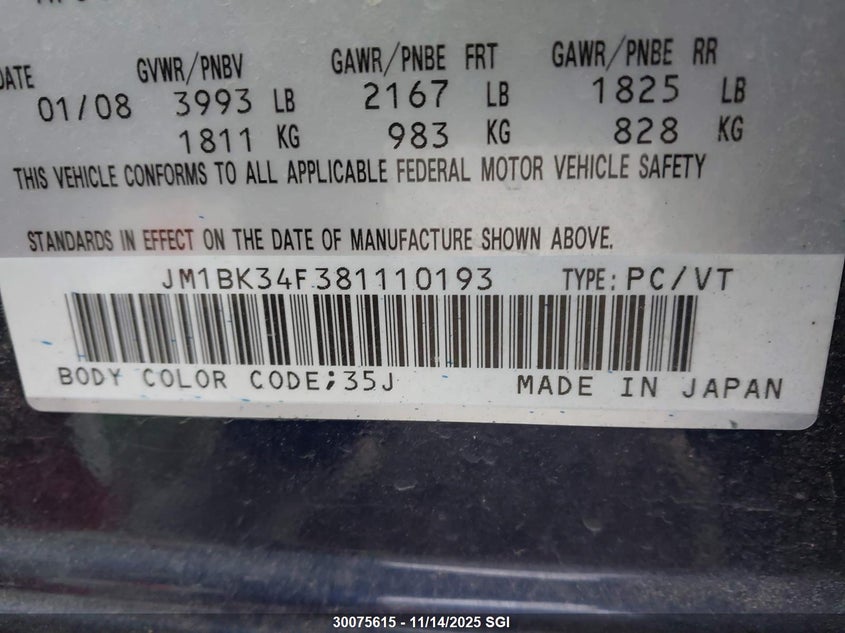 2008 Mazda 3 I VIN: JM1BK34F381110193 Lot: 30075615