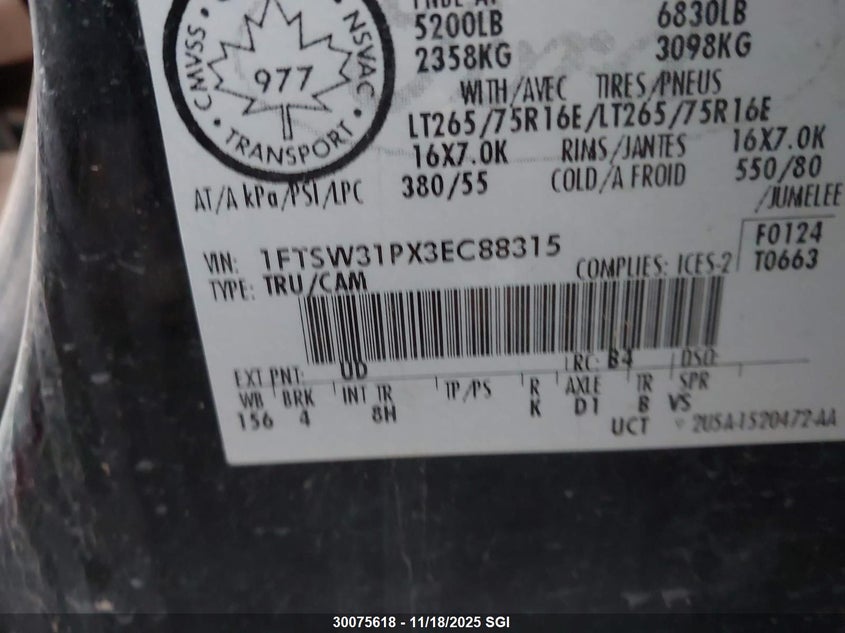 2003 Ford F350 Srw Super Duty VIN: 1FTSW31PX3EC88315 Lot: 30075618