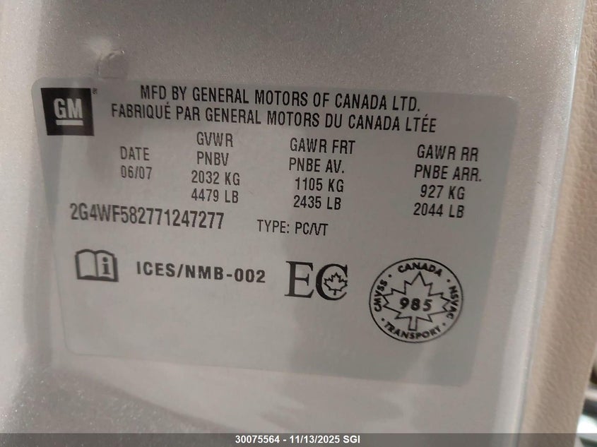 2007 Buick Allure Cx VIN: 2G4WF582771247277 Lot: 30075564