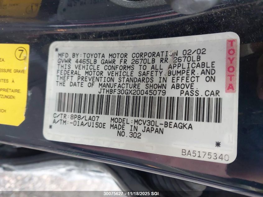 2002 Lexus Es 300 VIN: JTHBF30GX20045079 Lot: 30075627