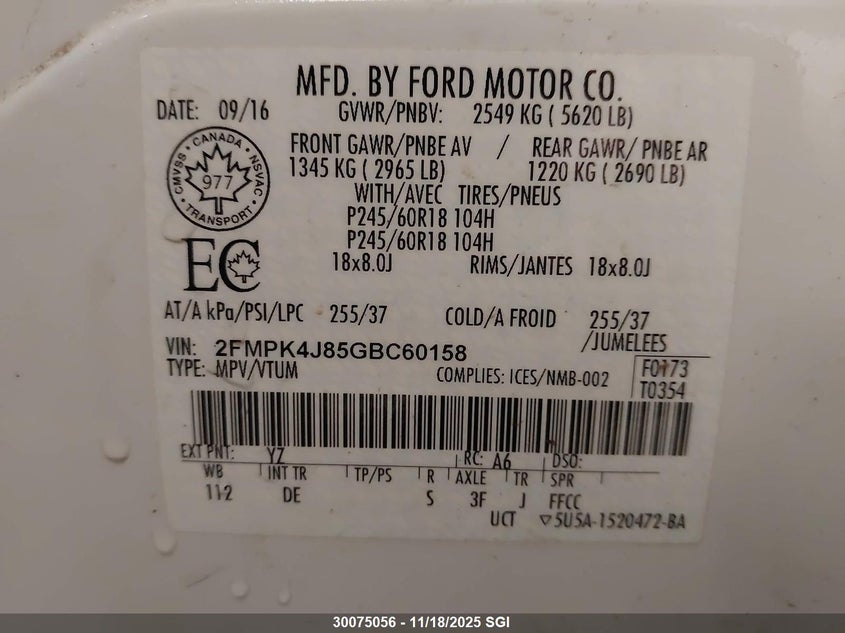 2016 Ford Edge Sel VIN: 2FMPK4J85GBC60158 Lot: 30075056