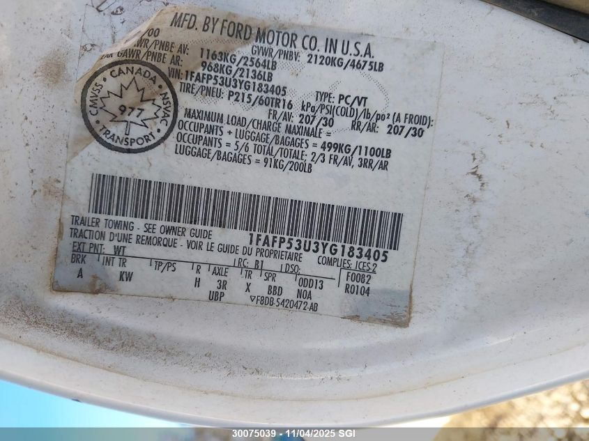 2000 Ford Taurus Se VIN: 1FAFP53U3YG183405 Lot: 30075039