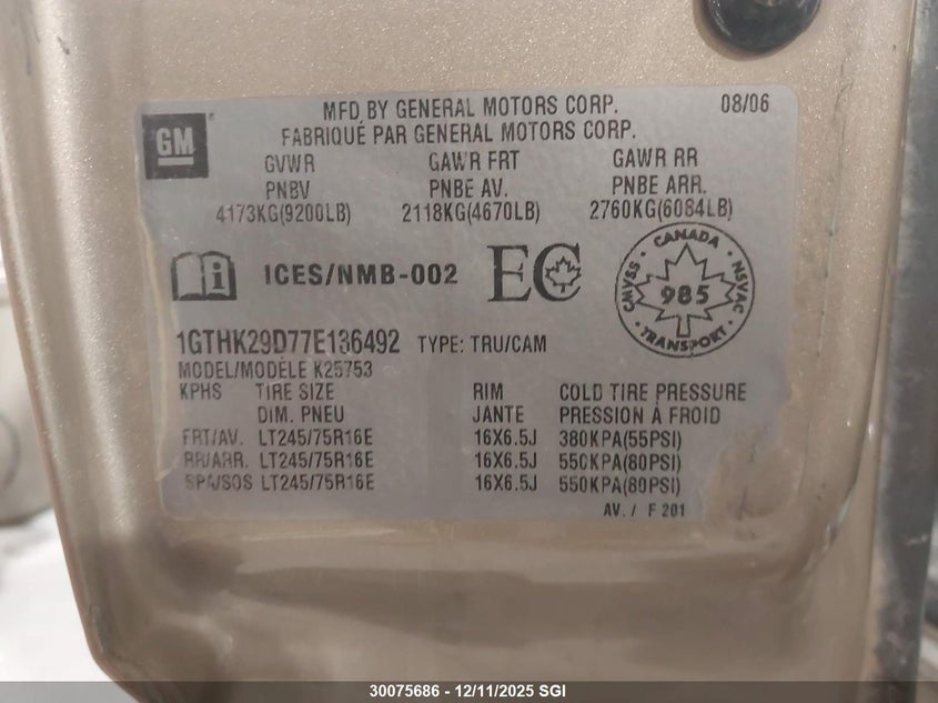 1GTHK29D77E136492 2007 GMC SIERRA photo no. 9