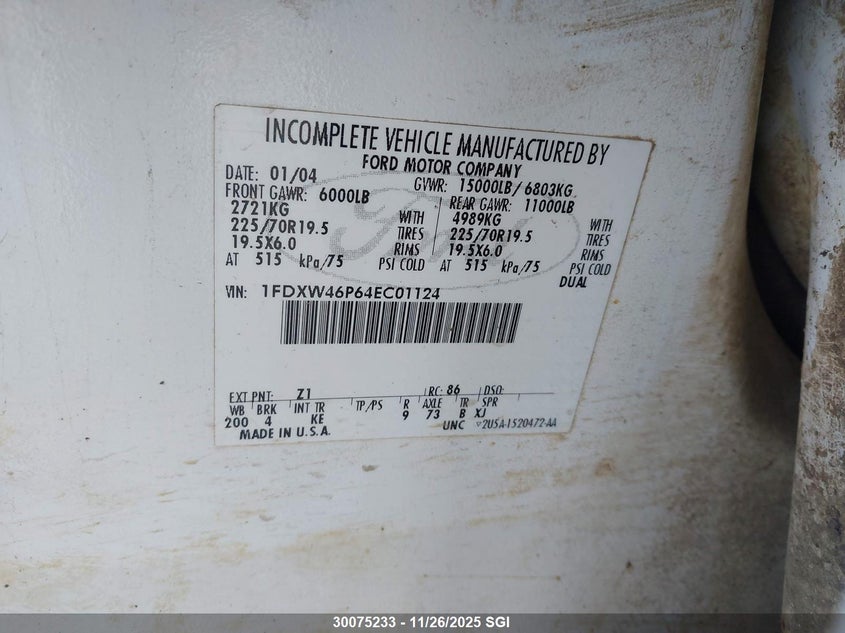 2004 Ford F450 Super Duty VIN: 1FDXW46P64EC01124 Lot: 30075233