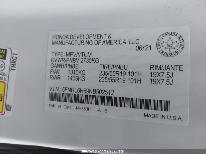 2022 Honda Odyssey Touring VIN: 5FNRL6H89NB502512 Lot: 30075716