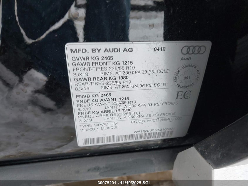 2019 Audi Q5 Premium Plus VIN: WA1BNAFYXK2105921 Lot: 30075201