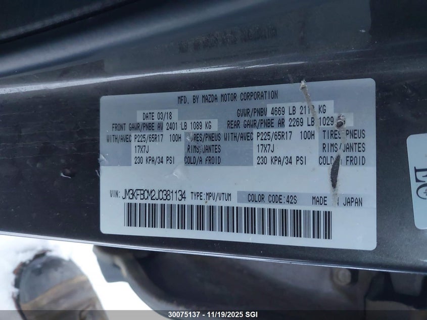 2018 Mazda Cx-5 Touring VIN: JM3KFBCM2J0381134 Lot: 30075137