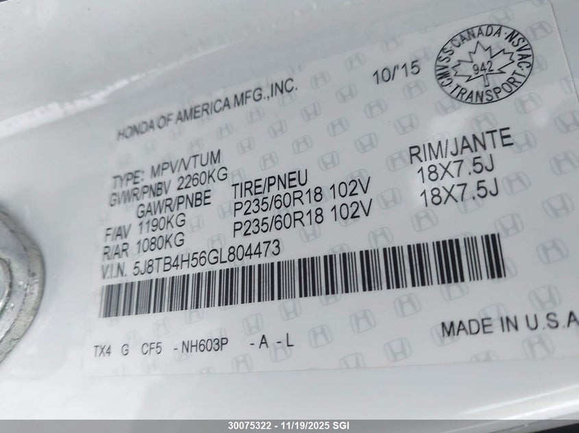 2016 Acura Rdx Technology VIN: 5J8TB4H56GL804473 Lot: 30075322