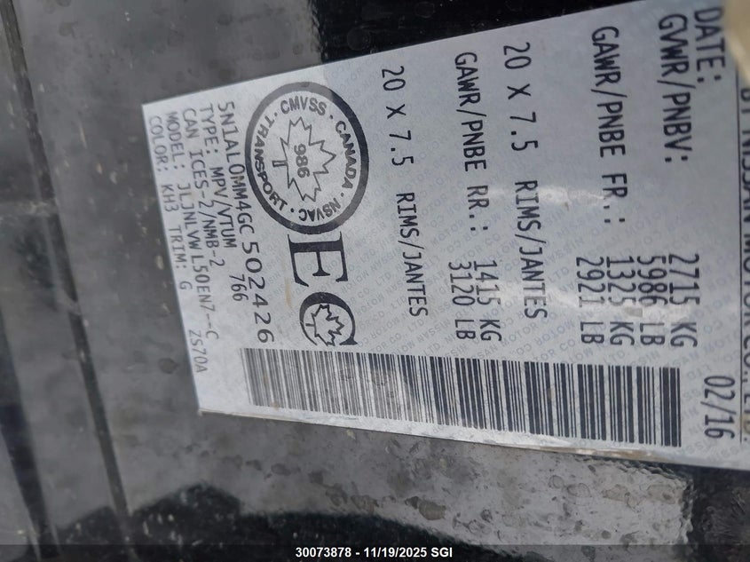 2016 Infiniti Qx60 VIN: 5N1AL0MM4GC502426 Lot: 30073878