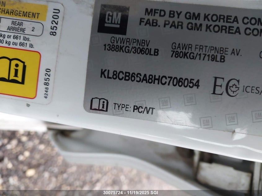 2017 Chevrolet Spark Ls VIN: KL8CB6SA8HC706054 Lot: 30075724