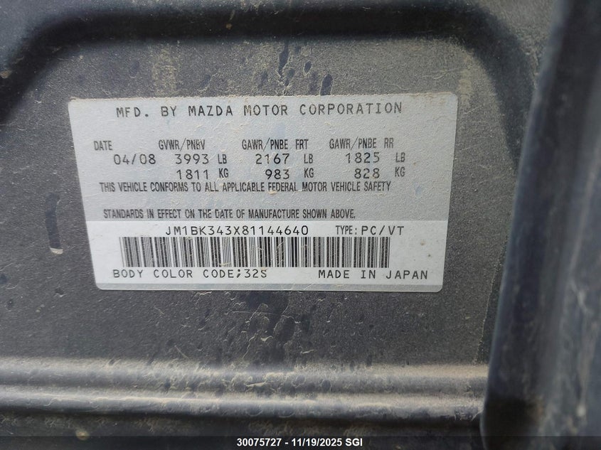 2008 Mazda 3 Hatchback VIN: JM1BK343X81144640 Lot: 30075727