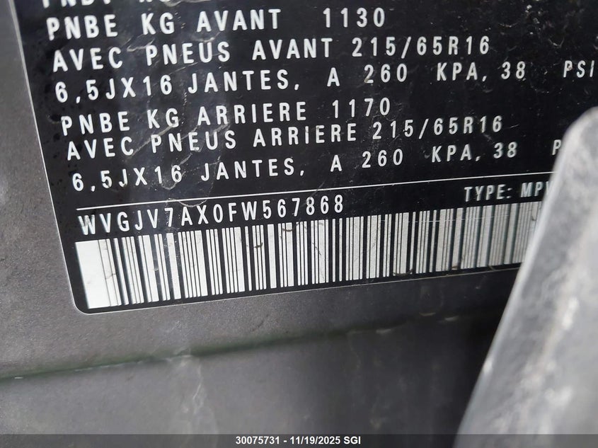 2015 Volkswagen Tiguan S/Se/Sel/R-Line VIN: WVGJV7AX0FW567868 Lot: 30075731