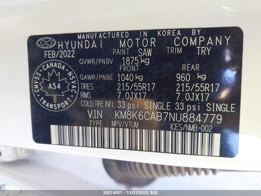 2022 Hyundai Kona Sel VIN: KM8K6CAB7NU884779 Lot: 30074901