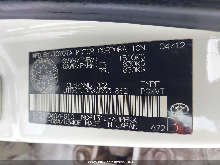 2012 Toyota Yaris VIN: JTDKTUD3XCD531862 Lot: 30075398