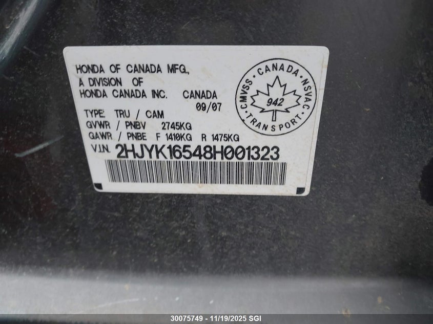 2008 Honda Ridgeline Rtl VIN: 2HJYK16548H001323 Lot: 30075749