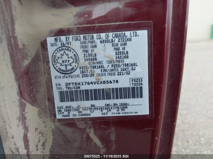 1997 Ford F150 VIN: 2FTDX1764VCA85678 Lot: 30075525