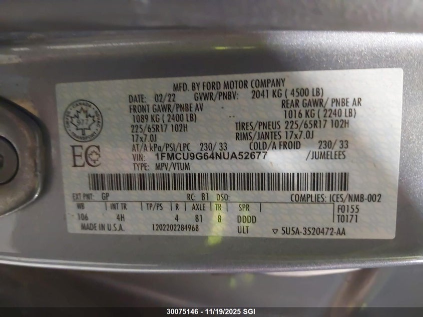 2022 Ford Escape Se VIN: 1FMCU9G64NUA52677 Lot: 30075146