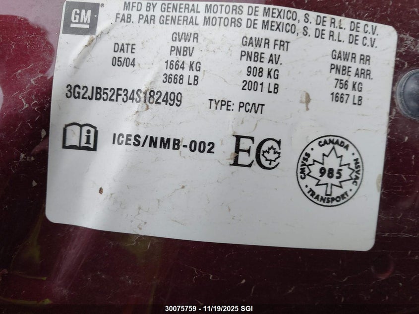 2004 Pontiac Sunfire Sl/Slx VIN: 3G2JB52F34S182499 Lot: 30075759