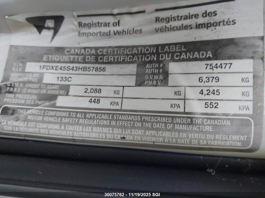 2003 Ford Econoline E450 Super Duty Cutwy Van VIN: 1FDXE45S43HB57856 Lot: 30075762