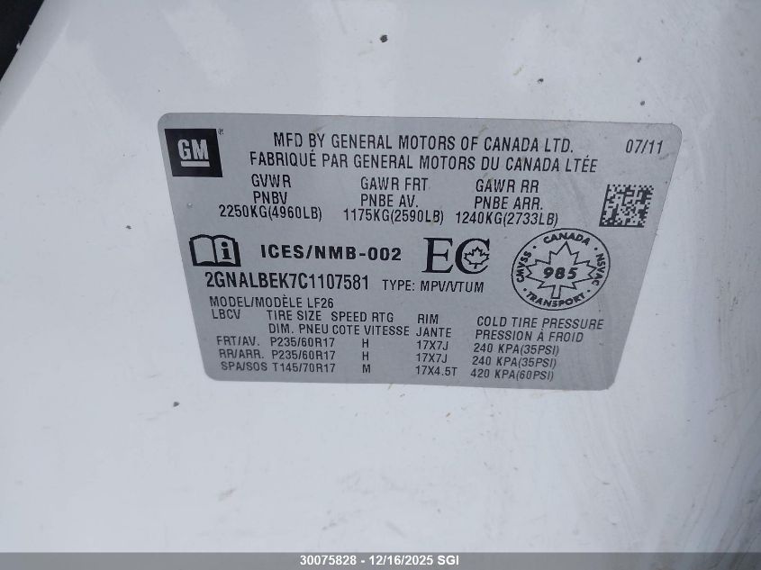 2012 Chevrolet Equinox Ls VIN: 2GNALBEK7C1107581 Lot: 30075828