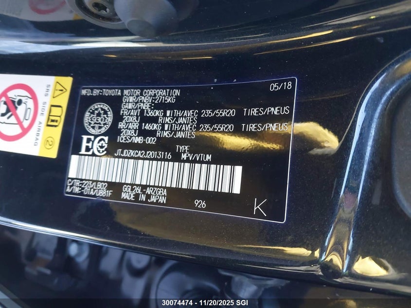 2018 Lexus Rx 350 L VIN: JTJDZKCA2J2013116 Lot: 30074474