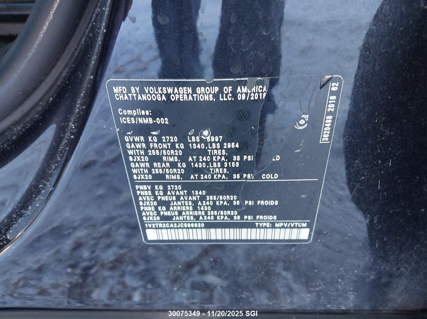 2018 Volkswagen Atlas Execline VIN: 1V2TR2CA2JC596620 Lot: 30075349