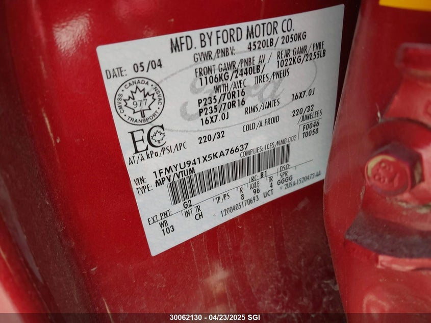 2005 Ford Escape Limited VIN: 1FMYU941X5KA76637 Lot: 30062130