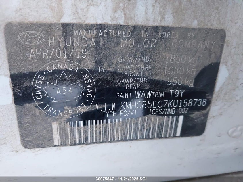 2019 Hyundai Ioniq Limited VIN: KMHC85LC7KU158738 Lot: 30075847