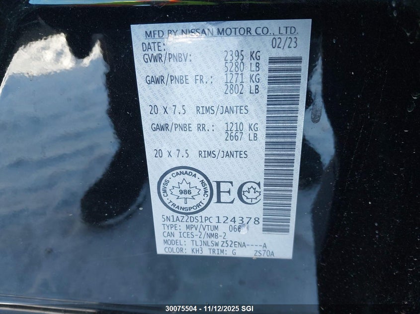 2023 Nissan Murano Platinum VIN: 5N1AZ2DS1PC124378 Lot: 30075504