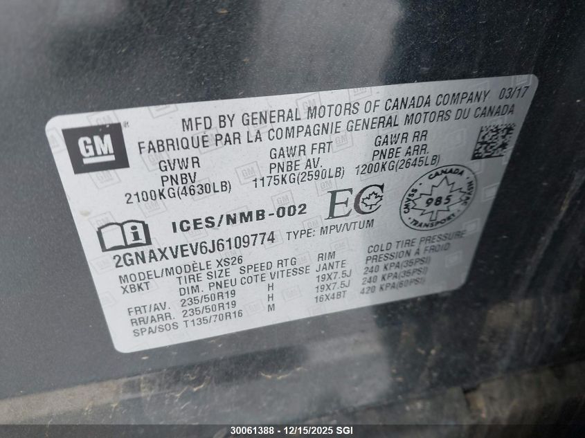 2018 Chevrolet Equinox Premier VIN: 2GNAXVEV6J6109774 Lot: 30061388