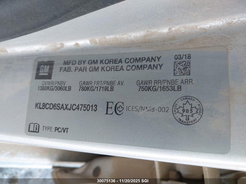 2018 Chevrolet Spark 1Lt Cvt VIN: KL8CD6SAXJC475013 Lot: 30075136