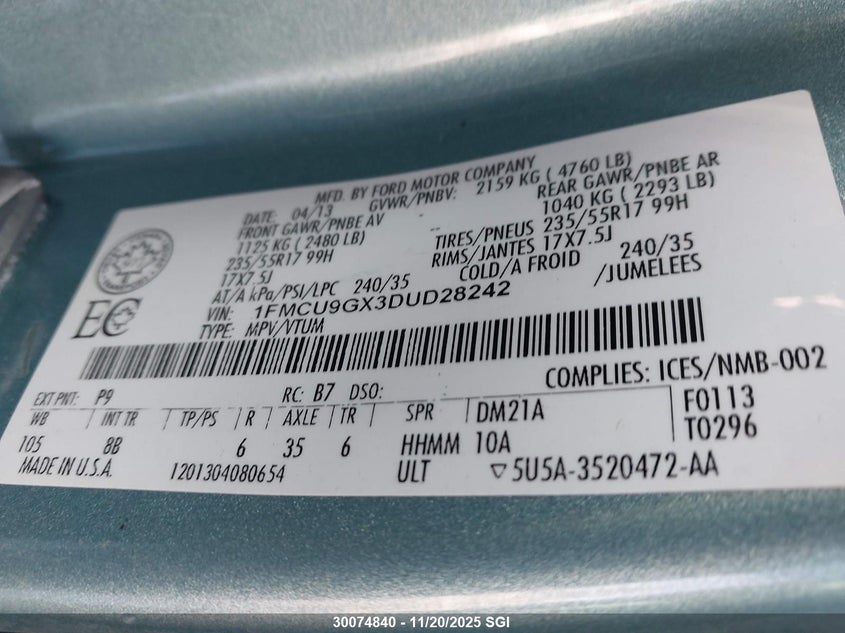 2013 Ford Escape Se VIN: 1FMCU9GX3DUD28242 Lot: 30074840