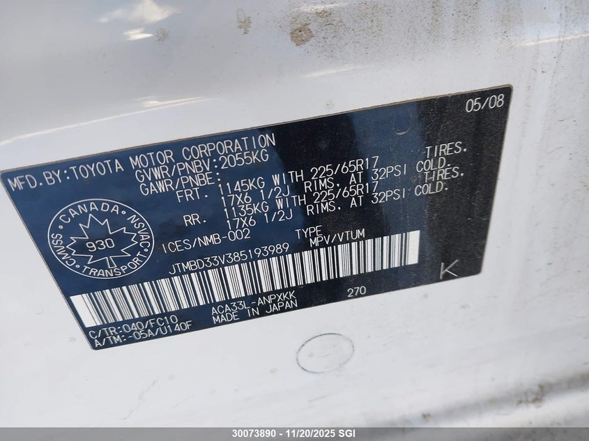 2008 Toyota Rav4 VIN: JTMBD33V385193989 Lot: 30073890