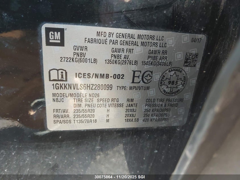 2017 GMC Acadia All Terrain VIN: 1GKKNVLS6HZ280099 Lot: 30075864