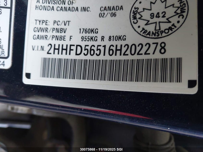 2006 Acura Csx Touring VIN: 2HHFD56516H202278 Lot: 30075868