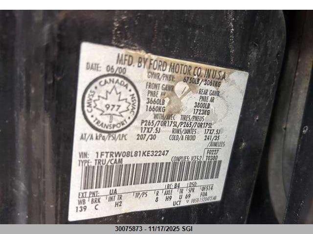 2001 Ford F150 Supercrew VIN: 1FTRW08L81KE32247 Lot: 30075873