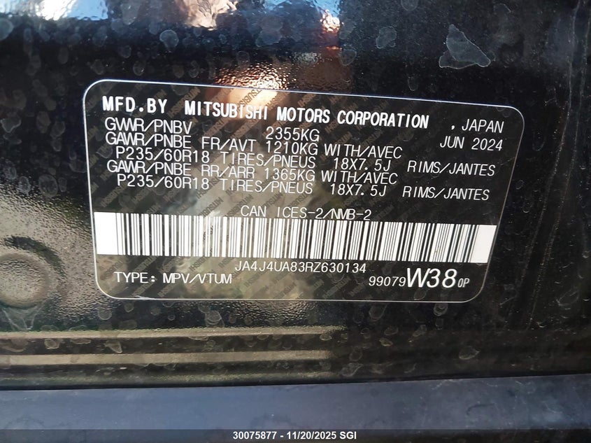 2024 Mitsubishi Outlander Es VIN: JA4J4UA83RZ630134 Lot: 30075877