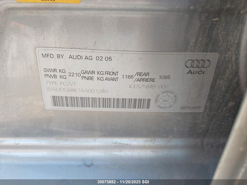 2006 Audi A4 3.2 Quattro VIN: WAUDG68E16A001285 Lot: 30075882