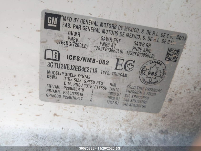 2014 GMC Sierra K1500 Slt VIN: 3GTU2VEJ2EG462119 Lot: 30075885