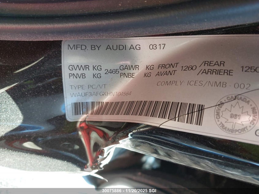 2017 Audi A6 Competition Prestige VIN: WAUF3AFCXHN104564 Lot: 30075886