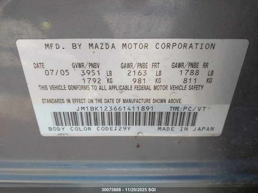 2006 Mazda 3 S VIN: JM1BK123661411891 Lot: 30075888