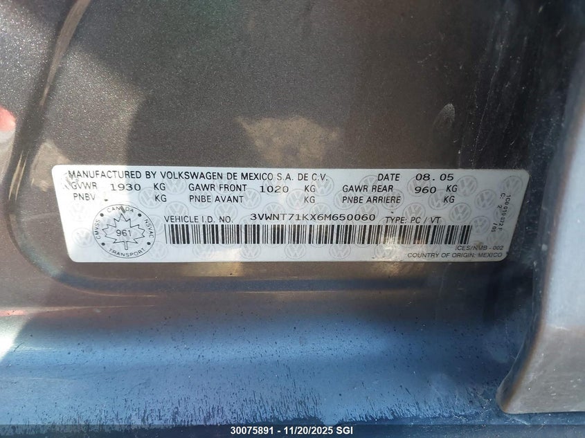 2006 Volkswagen Jetta Tdi Premium Package VIN: 3VWNT71KX6M650060 Lot: 30075891