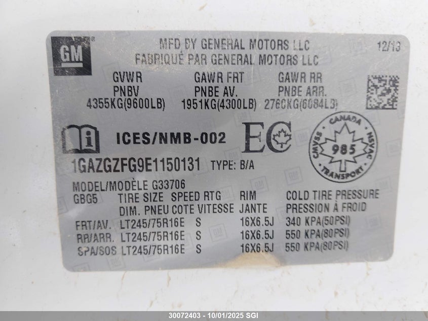 2014 Chevrolet Express G3500 Ls VIN: 1GAZGZFG9E1150131 Lot: 30072403