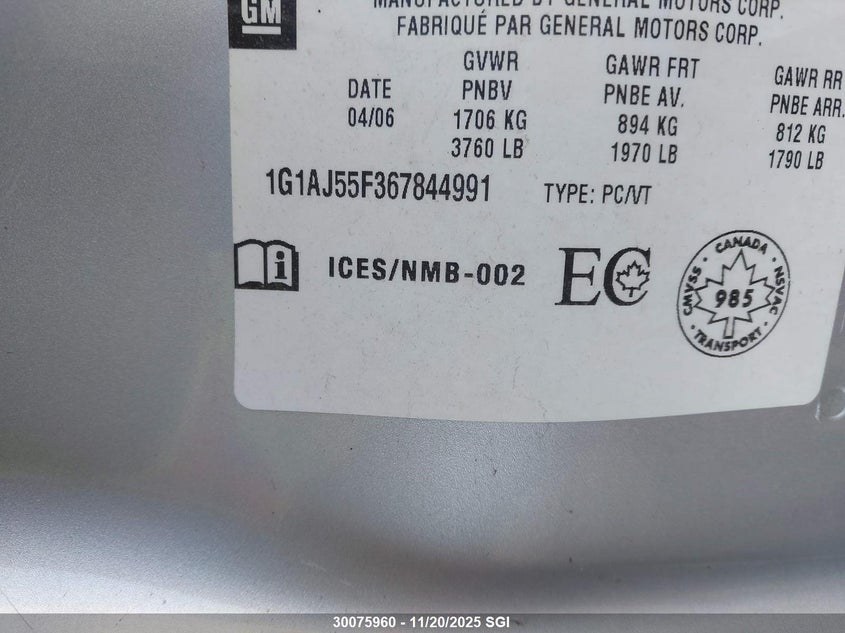 2006 Chevrolet Cobalt Ls VIN: 1G1AJ55F367844991 Lot: 30075960