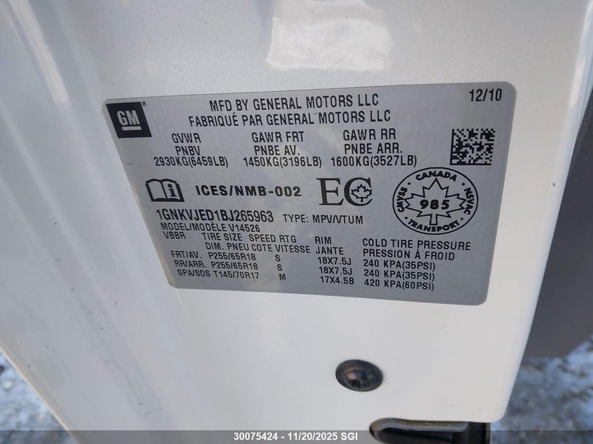 2011 Chevrolet Traverse Lt VIN: 1GNKVJED1BJ265963 Lot: 30075424