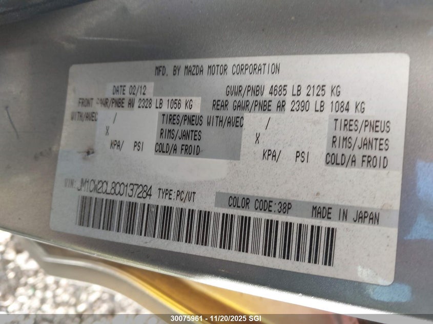 2012 Mazda 5 VIN: JM1CW2CL8C0137284 Lot: 30075961