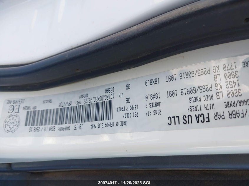 2015 Dodge Durango Limited VIN: 1C4RDJDGXFC170172 Lot: 30074017