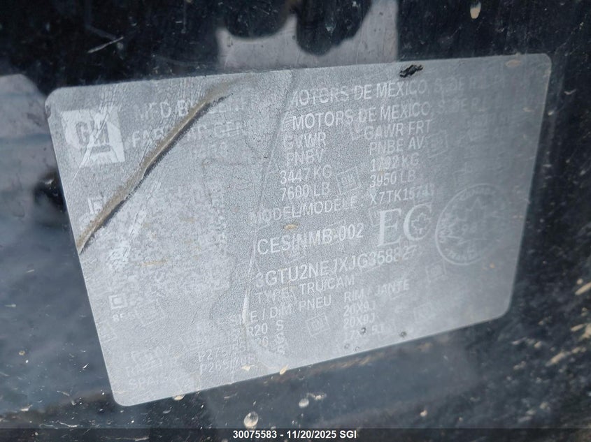 2018 GMC Sierra K1500 Slt VIN: 3GTU2NEJXJG358827 Lot: 30075583